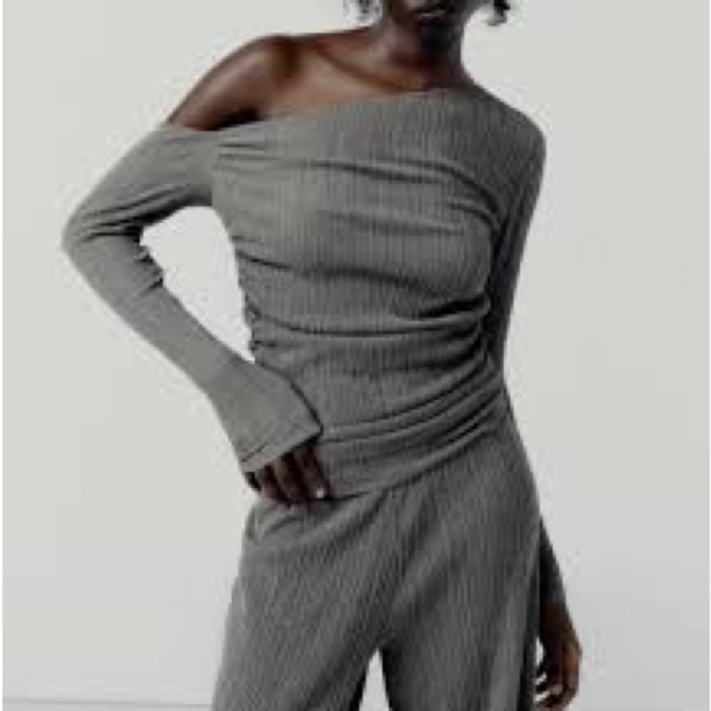 Zara Grey Textured Top and Pants Set Small